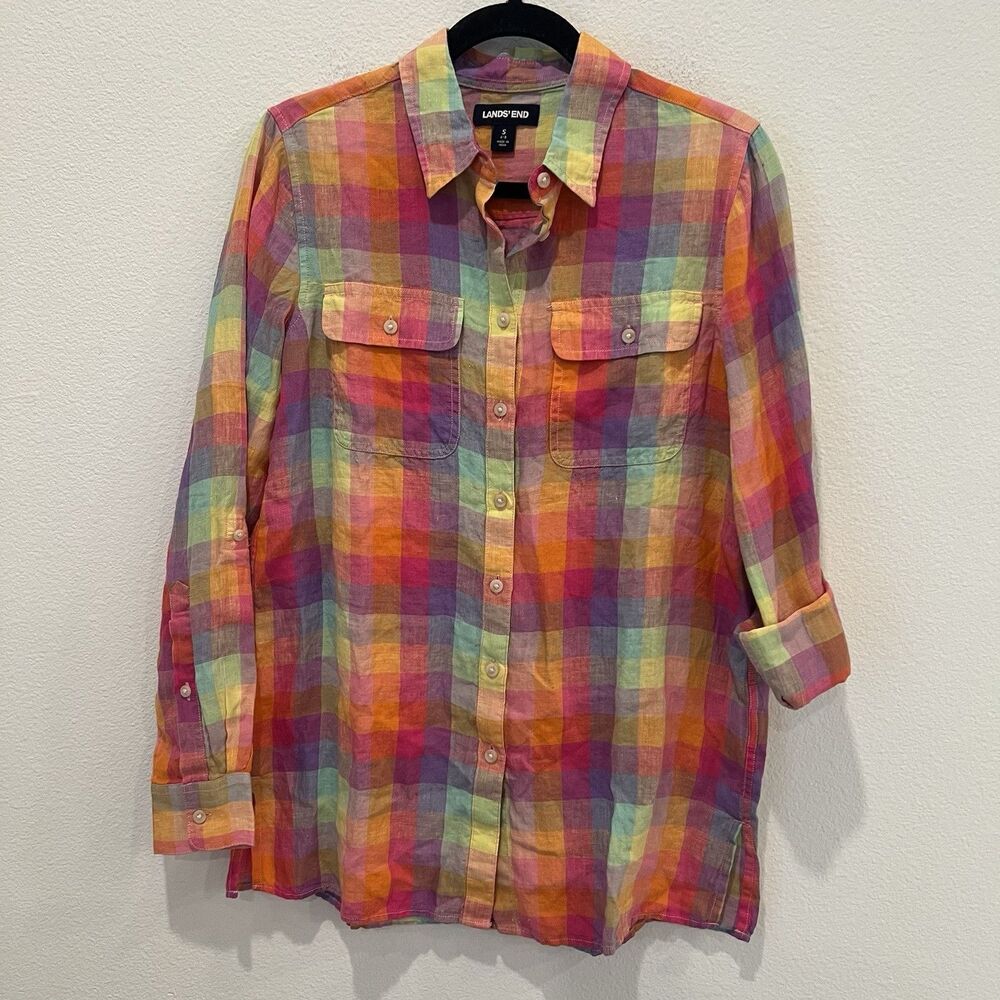 Lands End Blouse Womens Small Multicolor Plaid Linen Shirt Rainbow Roll Sleeve